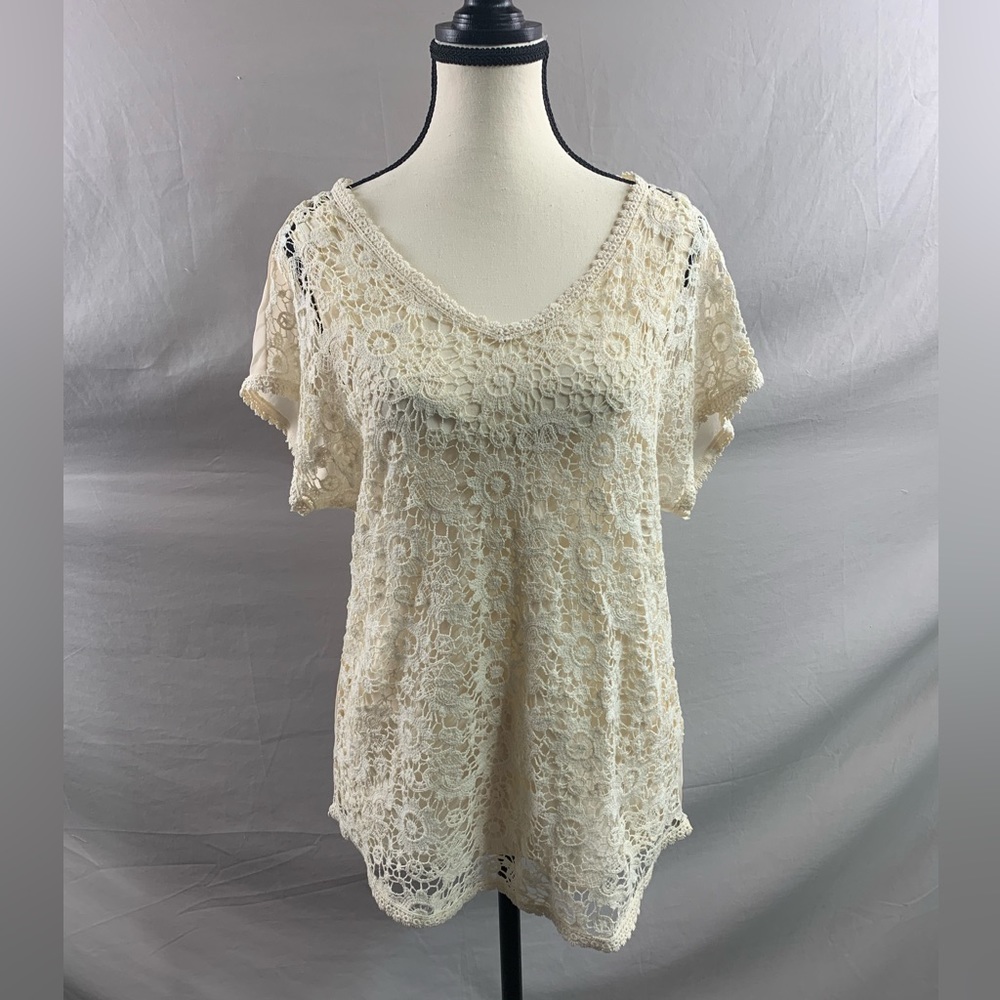 Cream Crocheted Short Sleeve Top